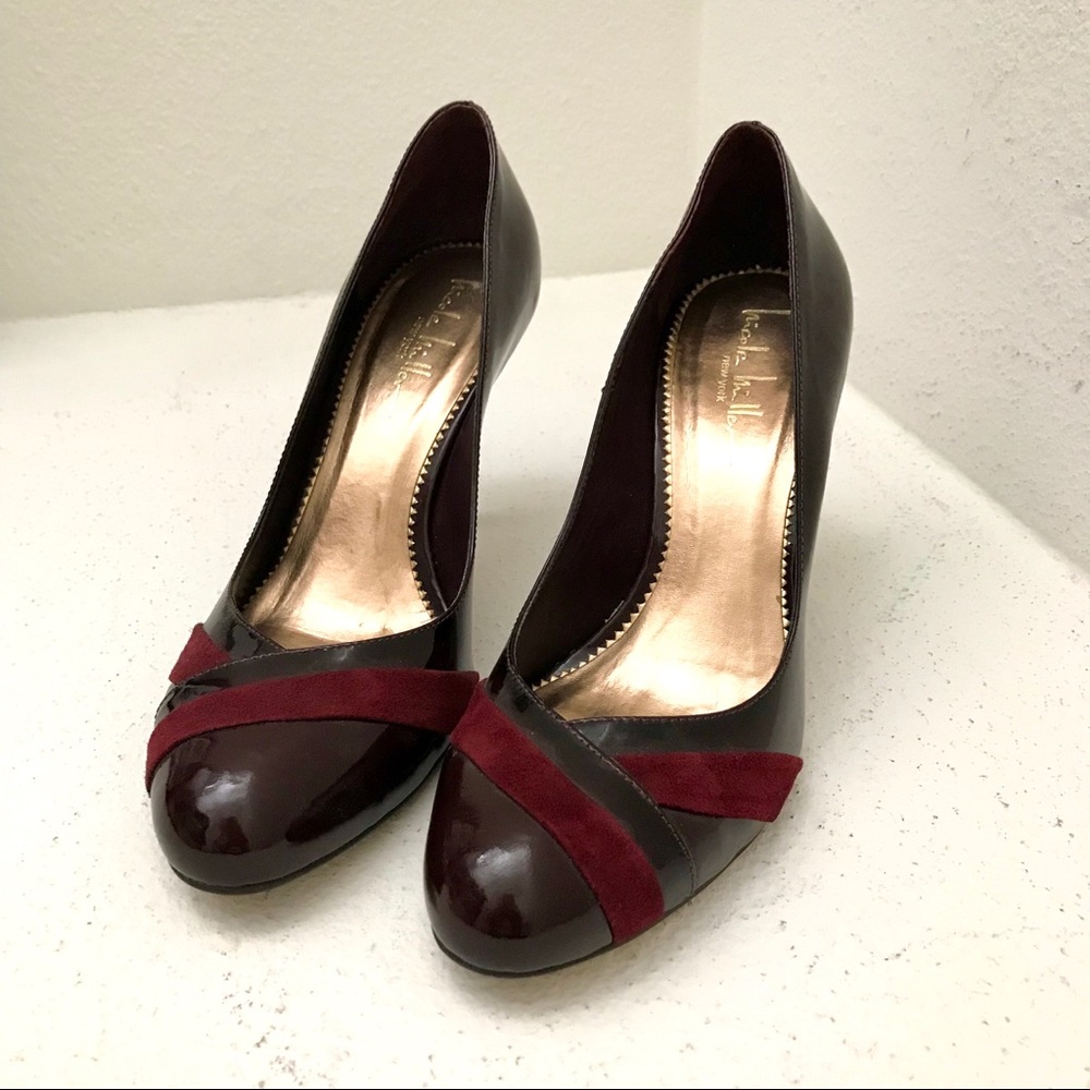 Nicole Miller burgundy patent suede heels